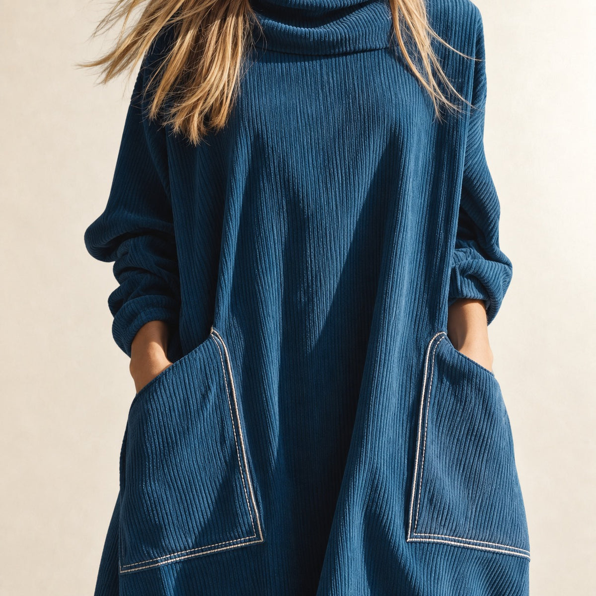 Robe midi pour femmes à col haut, grandes poches et coupe décontractée