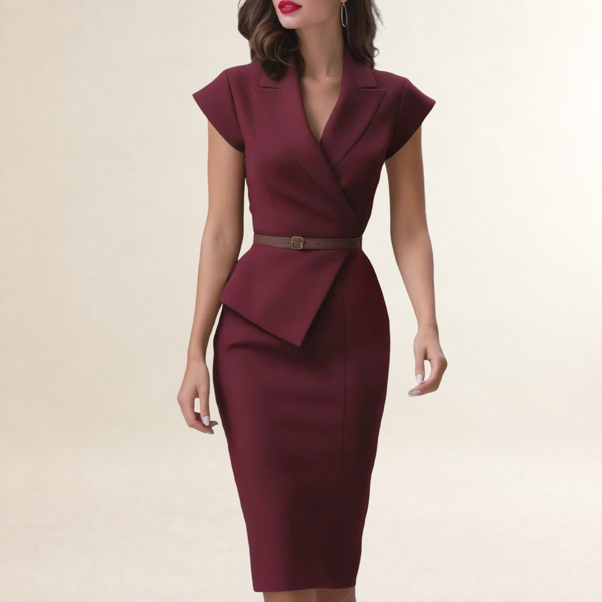 Robe midi pour femmes à manches courtes, col en V profond, taille cintrée avec ceinture, coupe ajustée