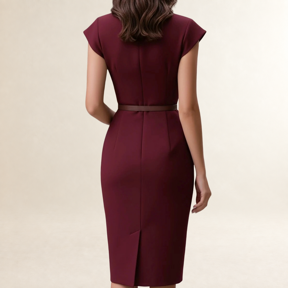 Robe midi pour femmes à manches courtes, col en V profond, taille cintrée avec ceinture, coupe ajustée