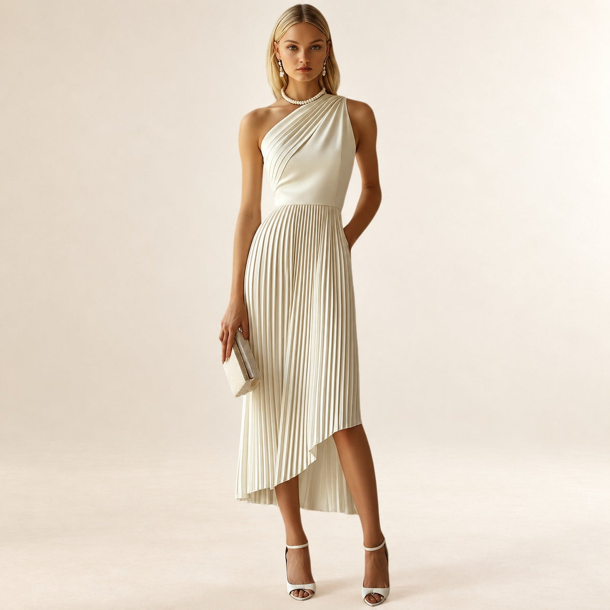 Robe midi pour femmes à épaule nue, plissée et à ourlet haut-bas