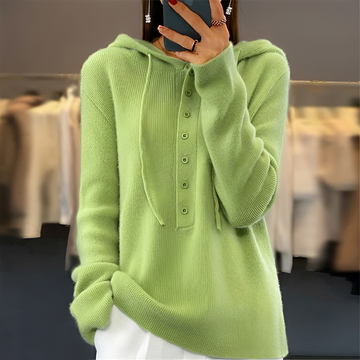 Sweat à capuche femme avec patte de boutonnage et cordon de serrage, manches longues - coupe décontractée