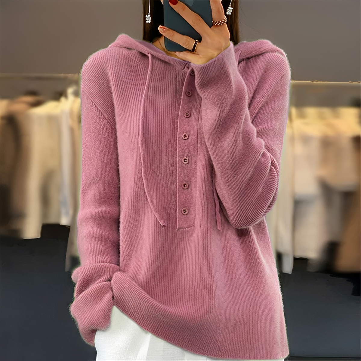 Sweat à capuche femme avec patte de boutonnage et cordon de serrage, manches longues - coupe décontractée