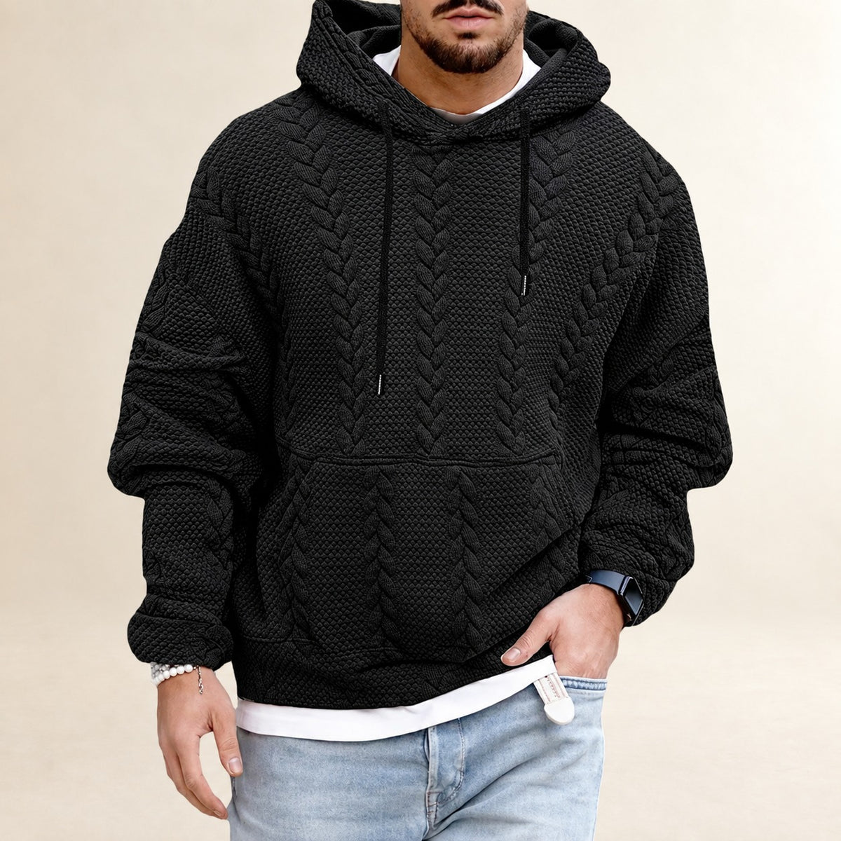 Sweat à capuche homme à texture avec poche kangourou coupe décontractée