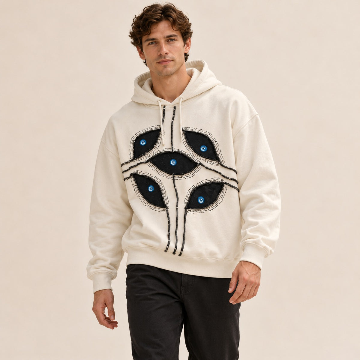 Sweat à capuche pour homme, coupe cropped oversize, patchwork sur le devant avec motifs yeux, capuche à cordon