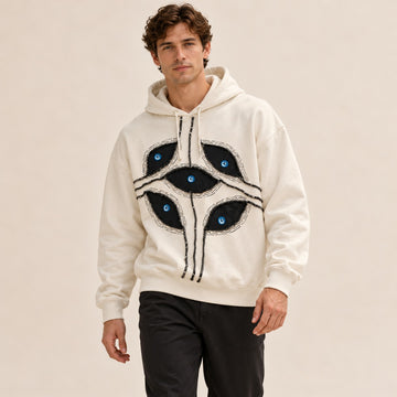 Sweat à capuche pour homme, coupe cropped oversize, patchwork sur le devant avec motifs yeux, capuche à cordon