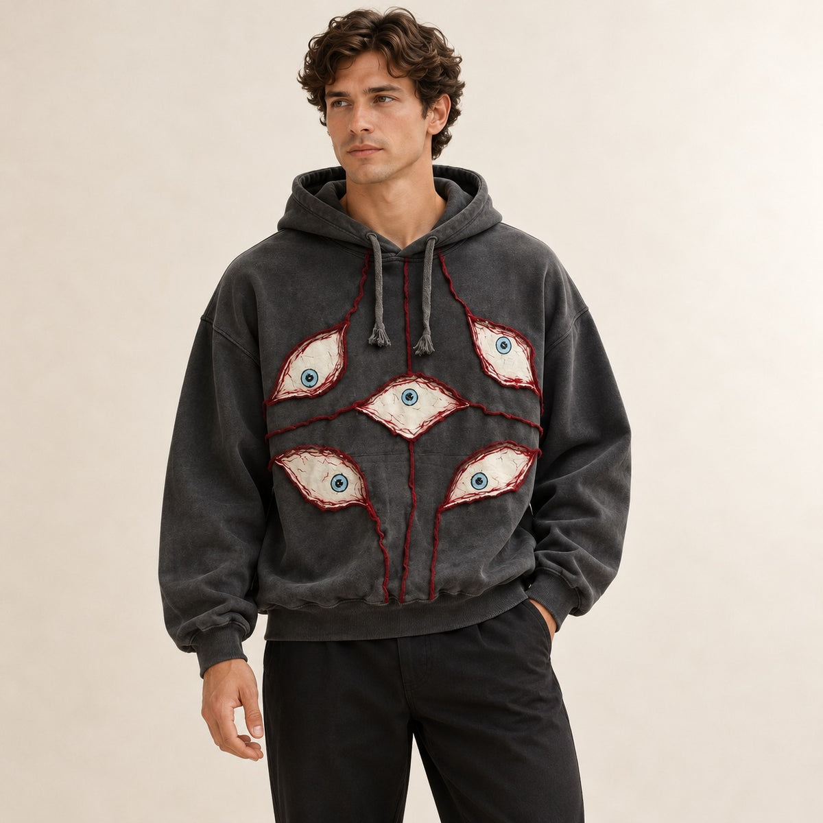 Sweat à capuche pour homme, coupe cropped oversize, patchwork sur le devant avec motifs yeux, capuche à cordon