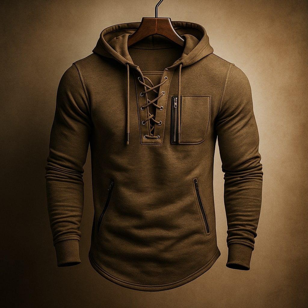 Sweat à capuche pour hommes avec laçage devant et poches zippées