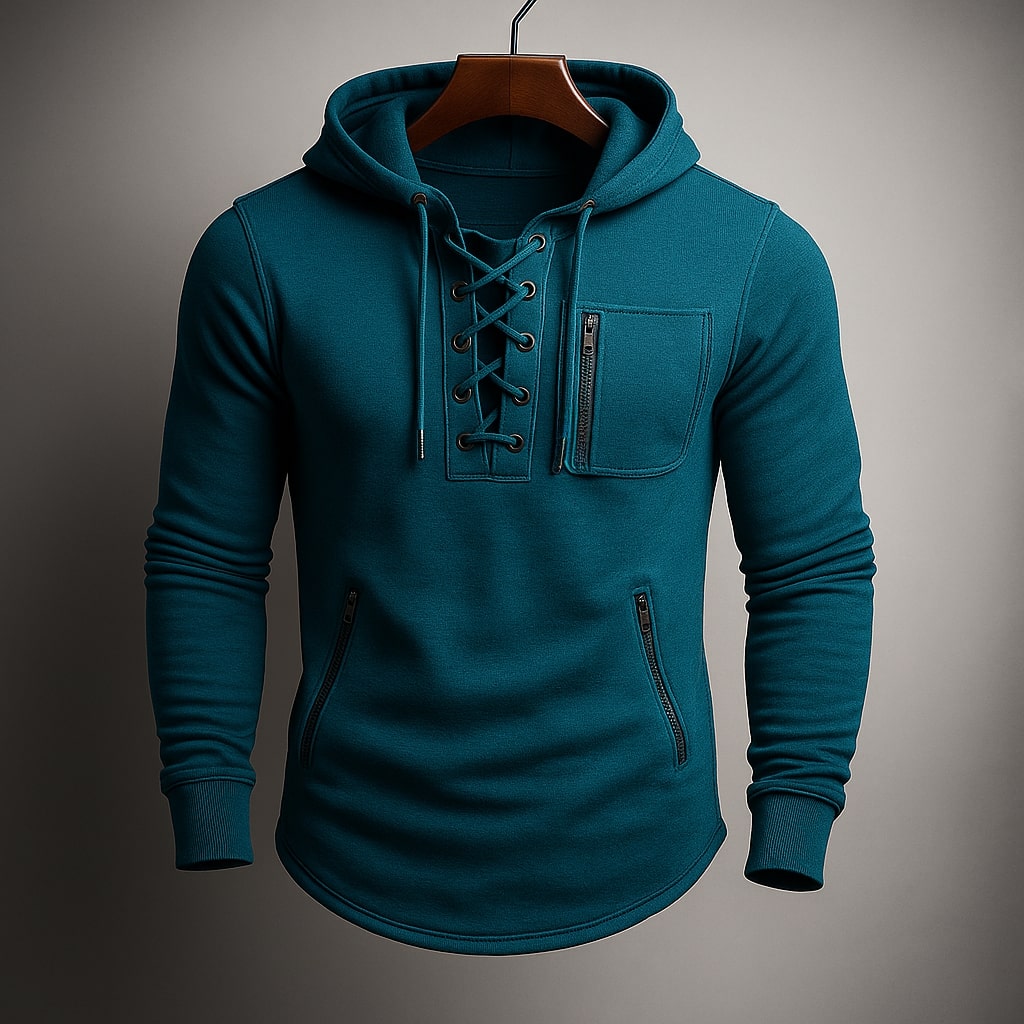 Sweat à capuche pour hommes avec laçage devant et poches zippées