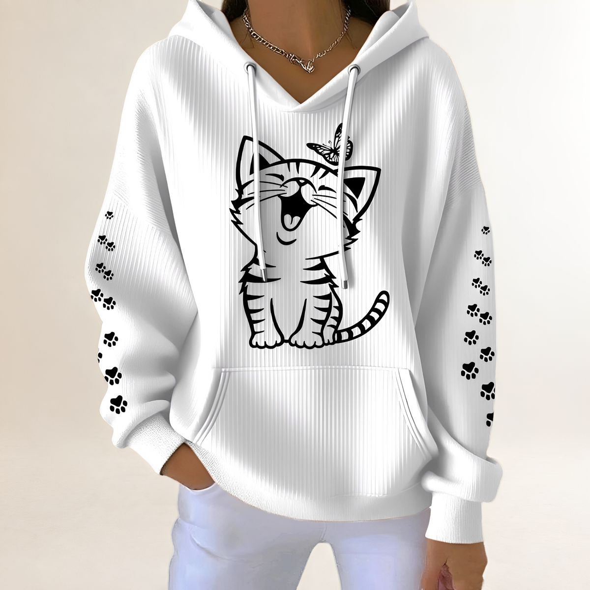 Sweat femme à capuche avec motif chat et manches à motifs de pattes, poche kangourou, coupe décontractée