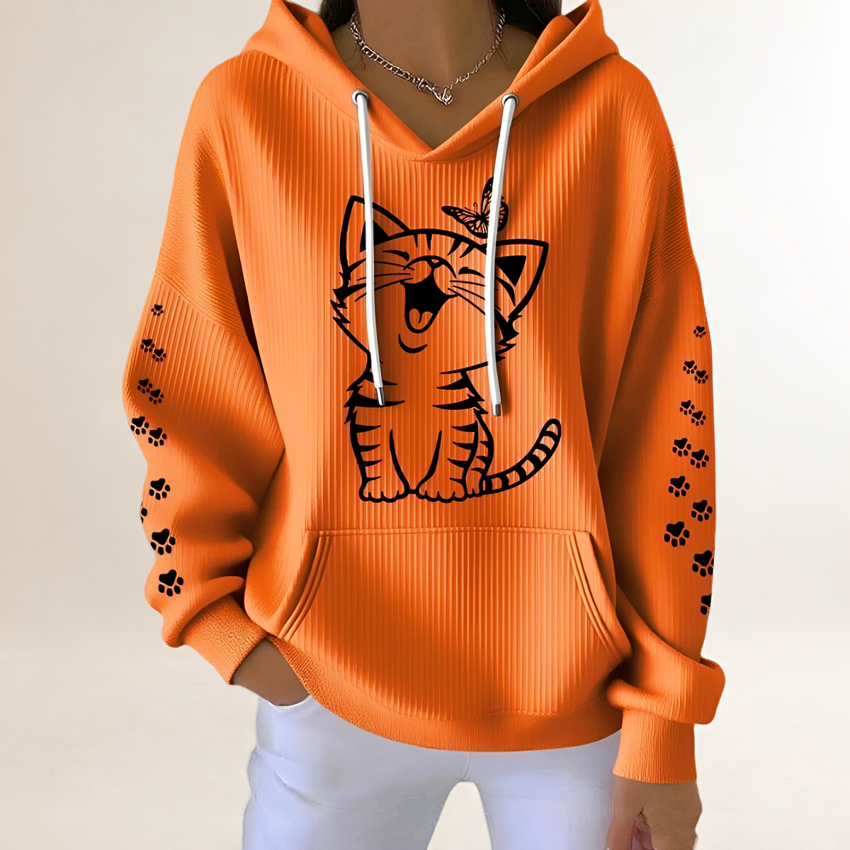 Sweat femme à capuche avec motif chat et manches à motifs de pattes, poche kangourou, coupe décontractée
