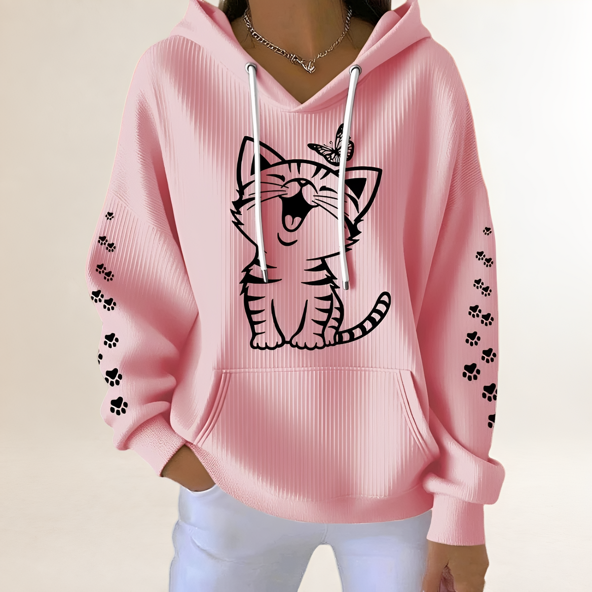 Sweat femme à capuche avec motif chat et manches à motifs de pattes, poche kangourou, coupe décontractée