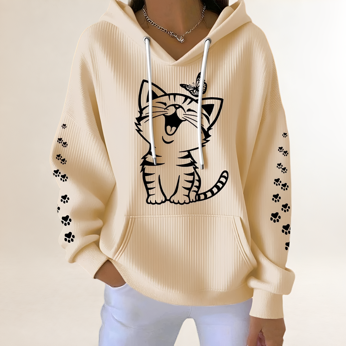 Sweat femme à capuche avec motif chat et manches à motifs de pattes, poche kangourou, coupe décontractée