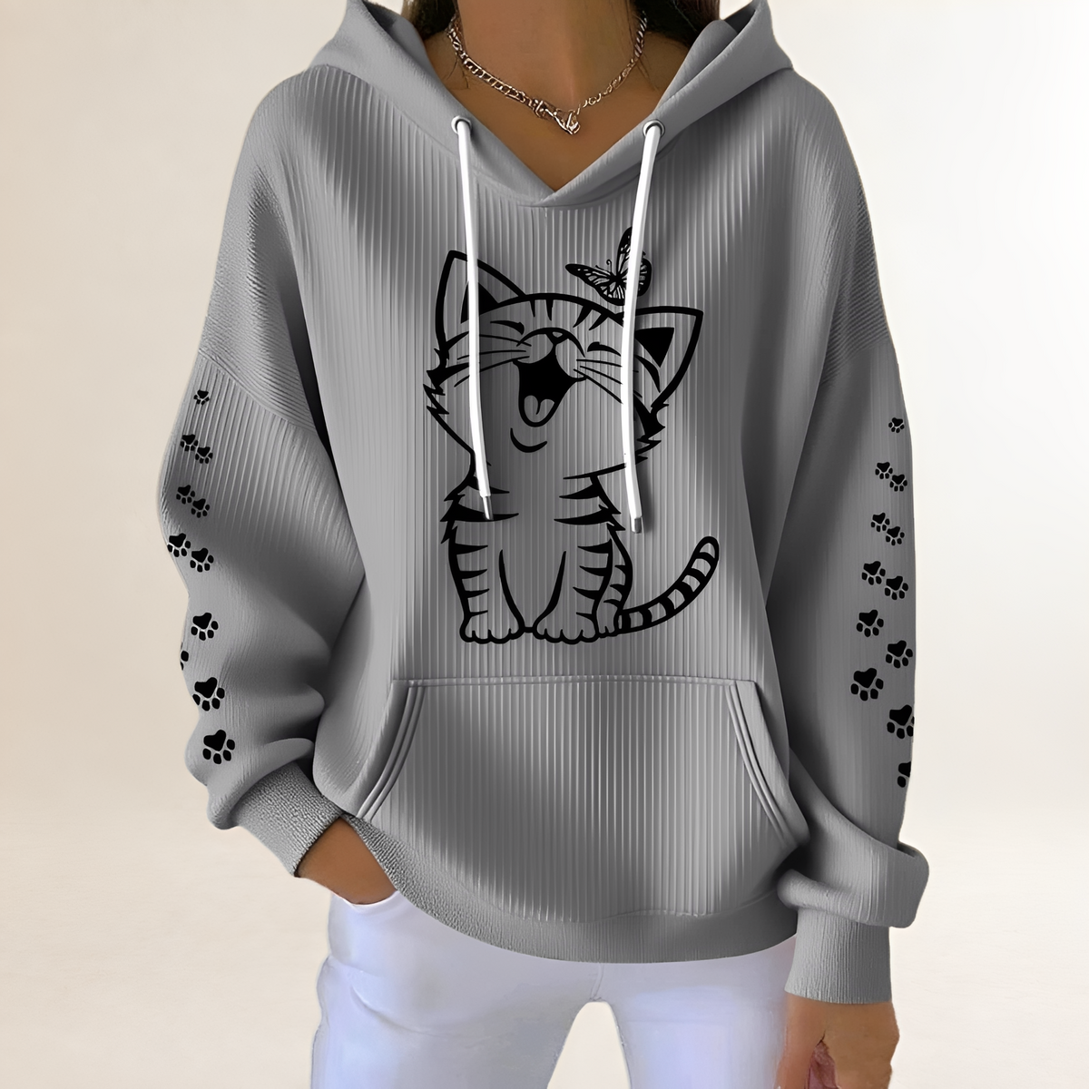 Sweat femme à capuche avec motif chat et manches à motifs de pattes, poche kangourou, coupe décontractée