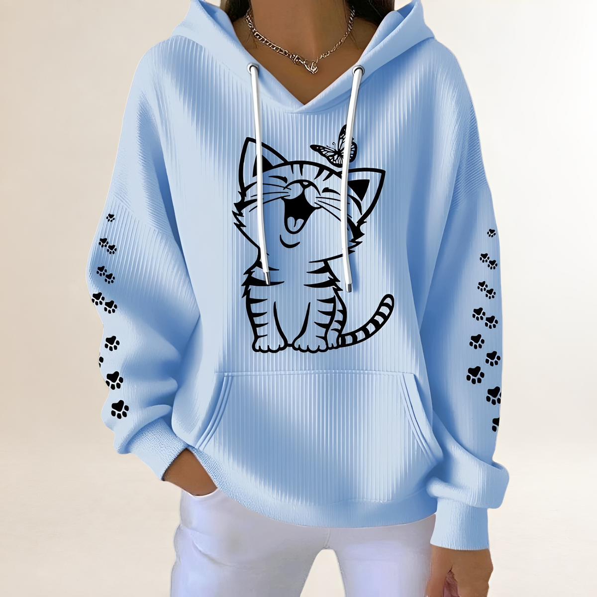 Sweat femme à capuche avec motif chat et manches à motifs de pattes, poche kangourou, coupe décontractée