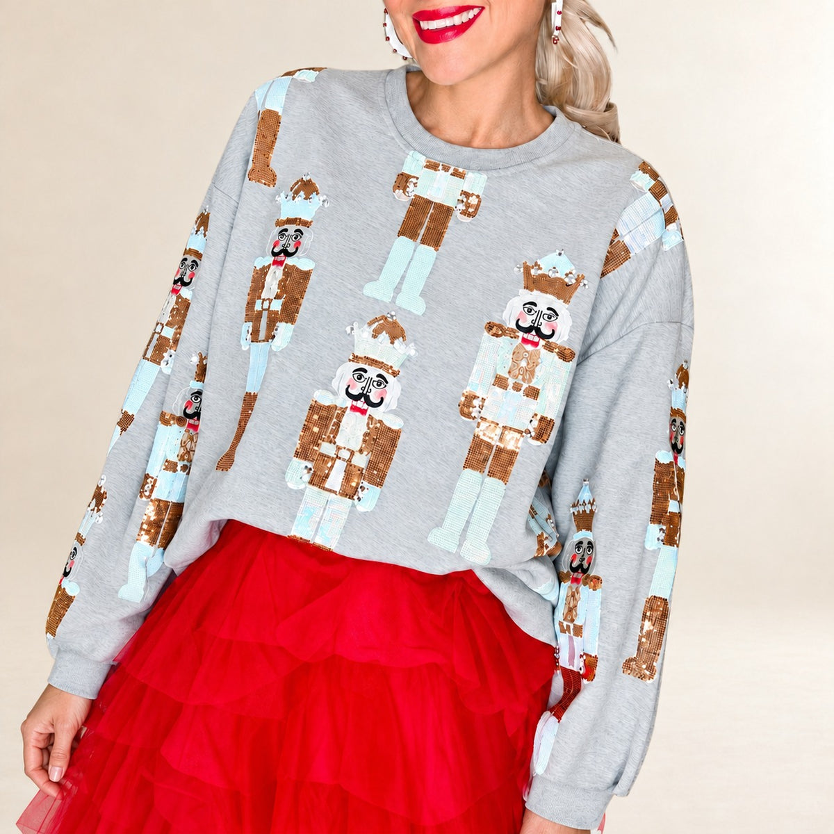 Sweat-shirt femme à col ras du cou avec motif casse-noisette pailleté - manches longues, coupe ample