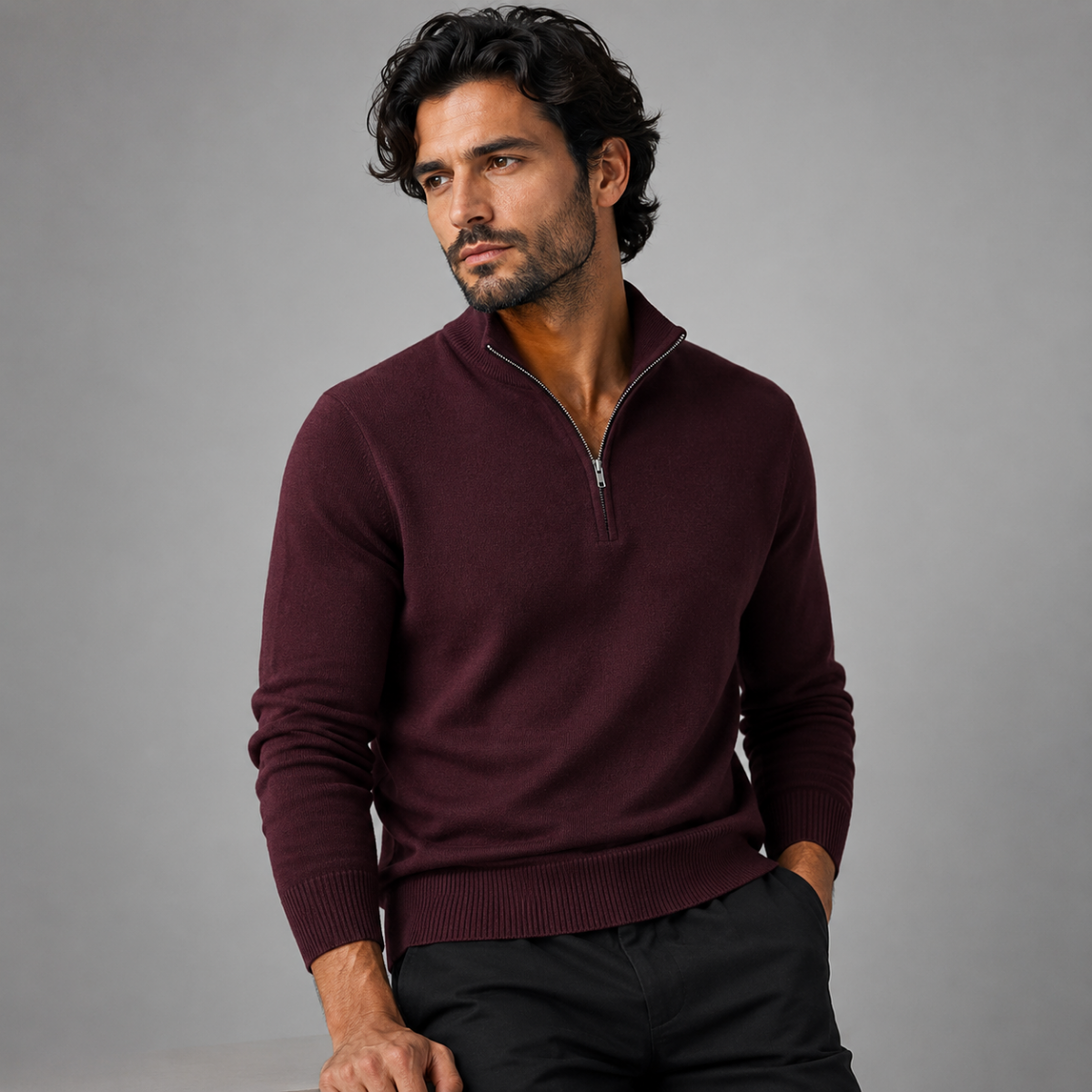 Sweatshirt homme à col montant zippé à mi-longueur coupe ajustée