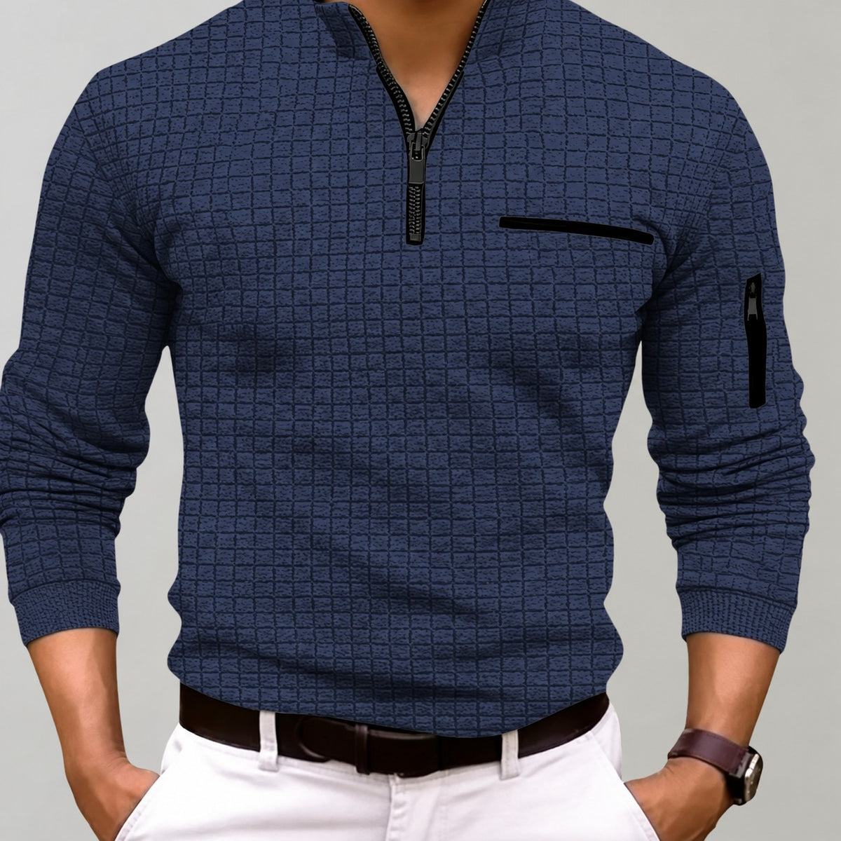 Sweatshirt homme à col zippé avec poche poitrine manches longues ajusté