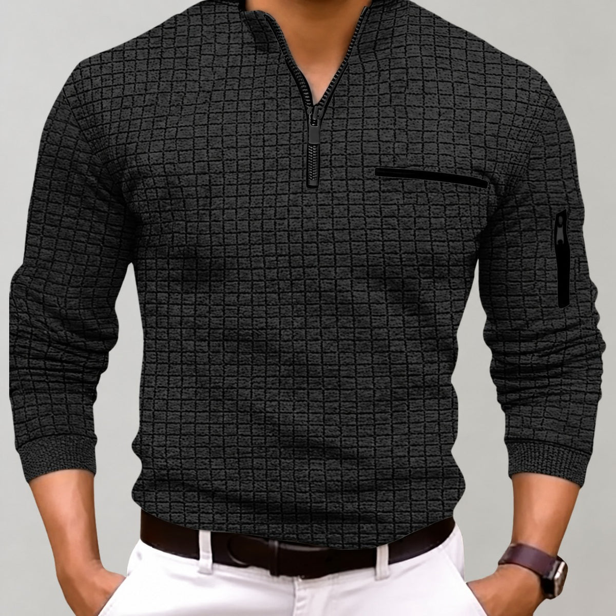 Sweatshirt homme à col zippé avec poche poitrine manches longues ajusté