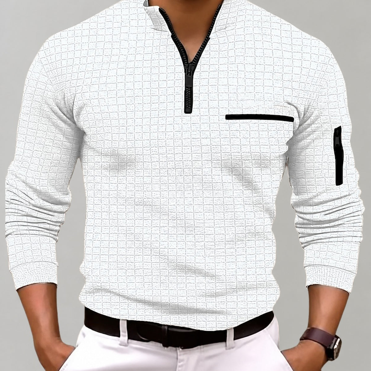 Sweatshirt homme à col zippé avec poche poitrine manches longues ajusté