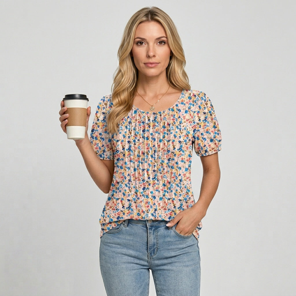 T-shirt femme à manches courtes avec plis frontaux coupe décontractée