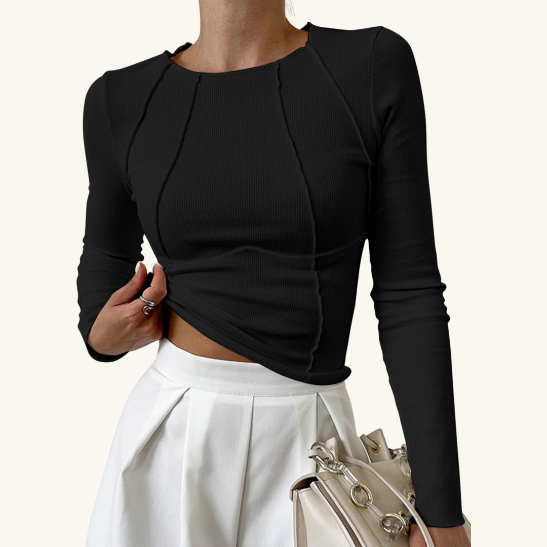 T-shirt femme à manches longues col rond coupe slim texture côtelée détails modernes