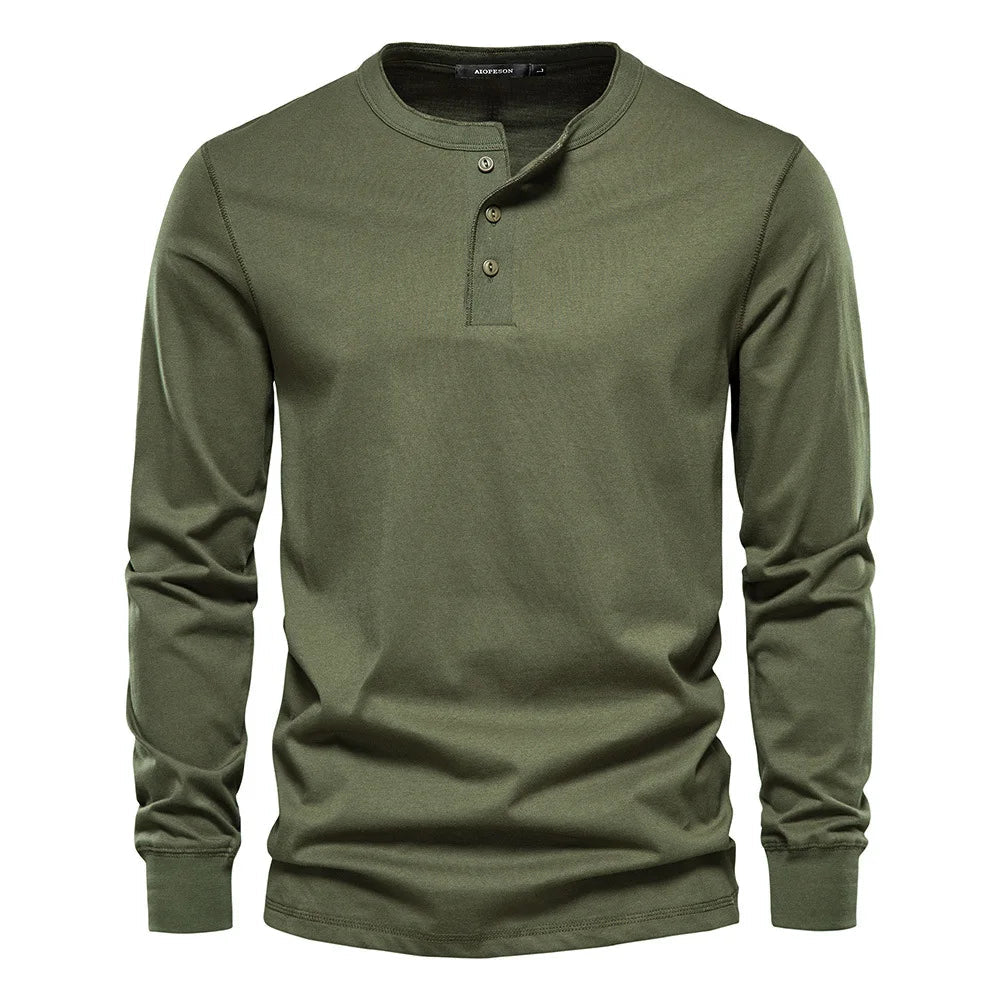 T-shirt homme à manches longues style henley col boutonné coupe régulière