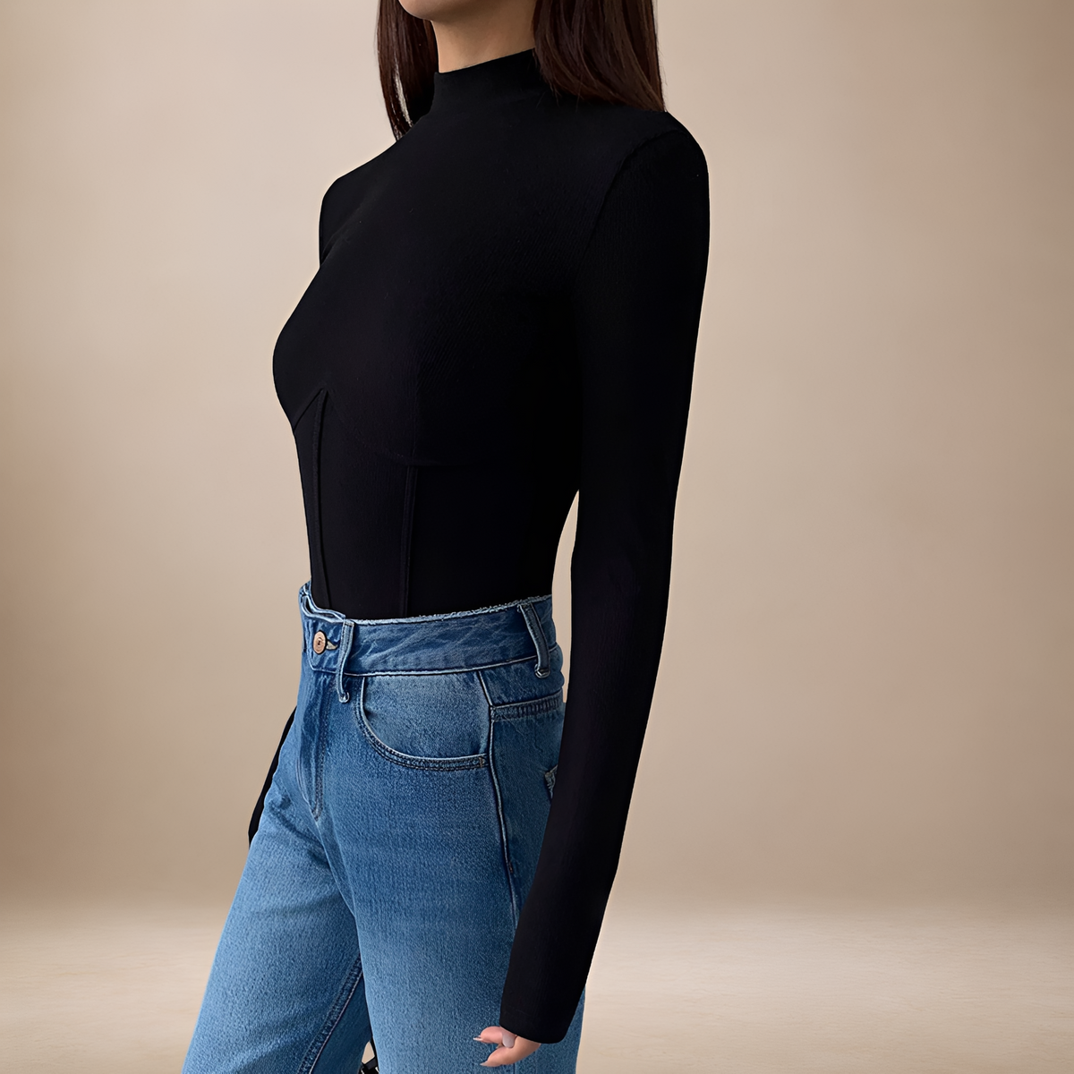 T-shirt à manches longues pour femmes col V ajusté avec corset