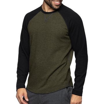 T-shirt raglan à manches longues pour hommes - manches contrastées, col ras du cou, coupe ajustée, logo poitrine