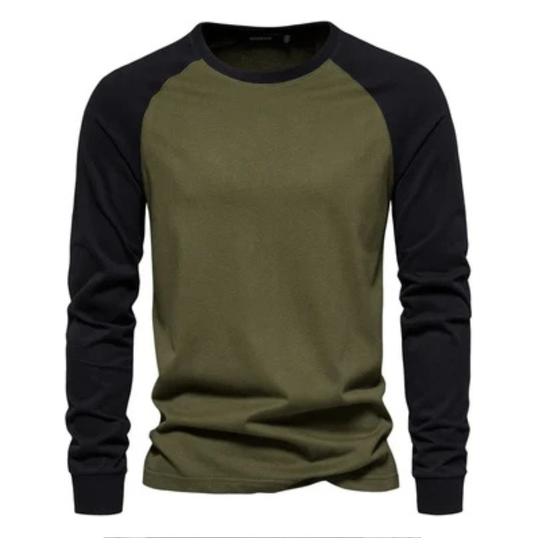 T-shirt raglan à manches longues pour hommes - manches contrastées, col ras du cou, coupe ajustée, logo poitrine