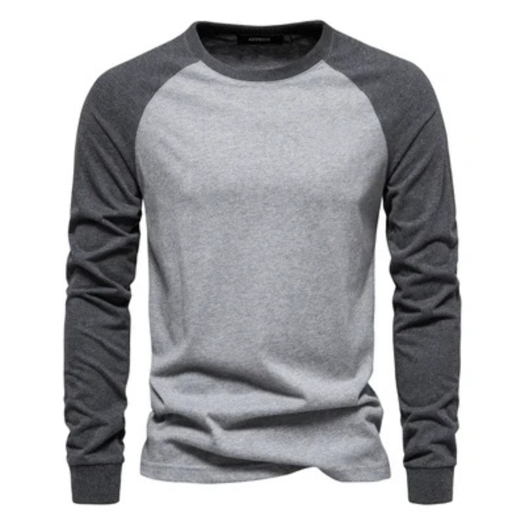 T-shirt raglan à manches longues pour hommes - manches contrastées, col ras du cou, coupe ajustée, logo poitrine