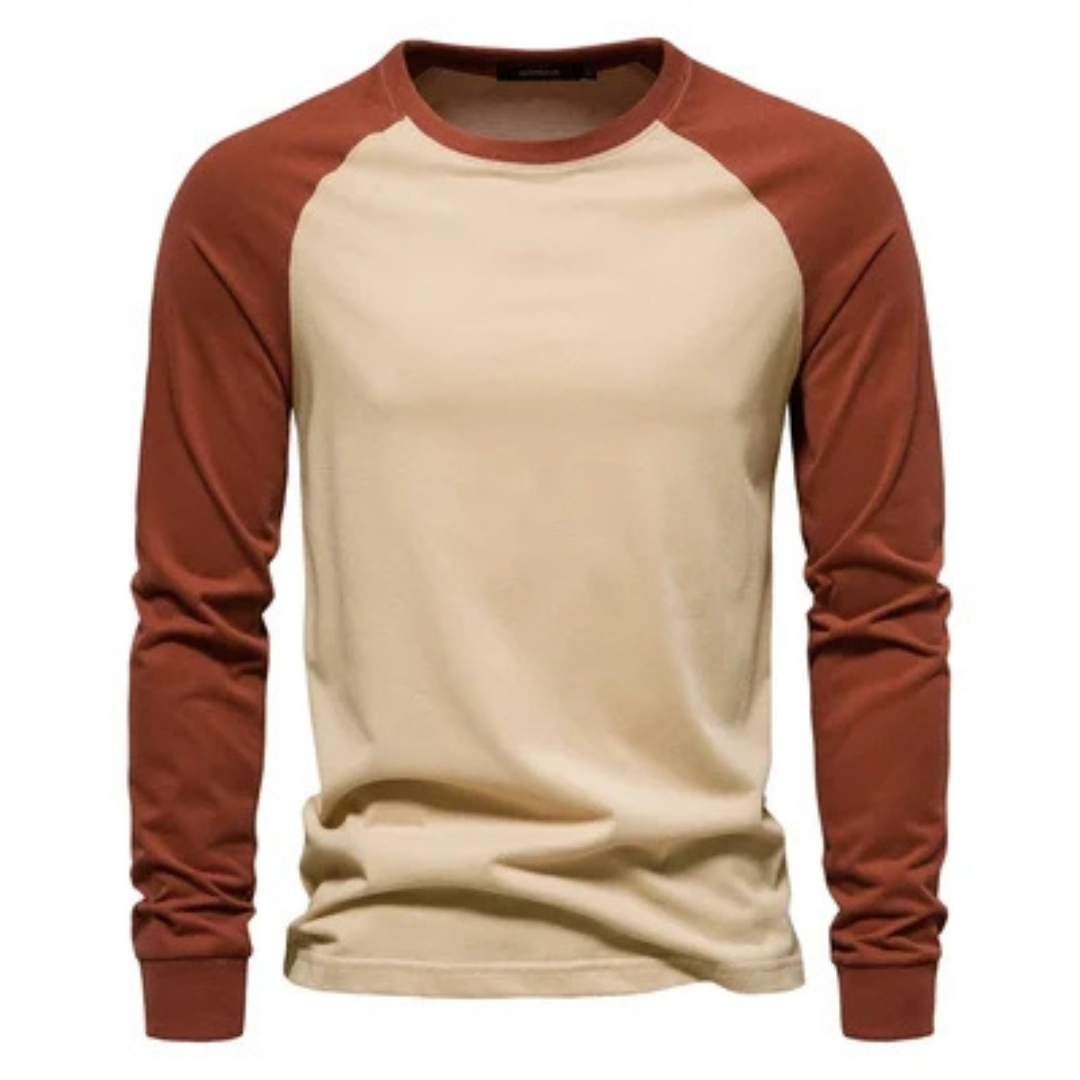 T-shirt raglan à manches longues pour hommes - manches contrastées, col ras du cou, coupe ajustée, logo poitrine