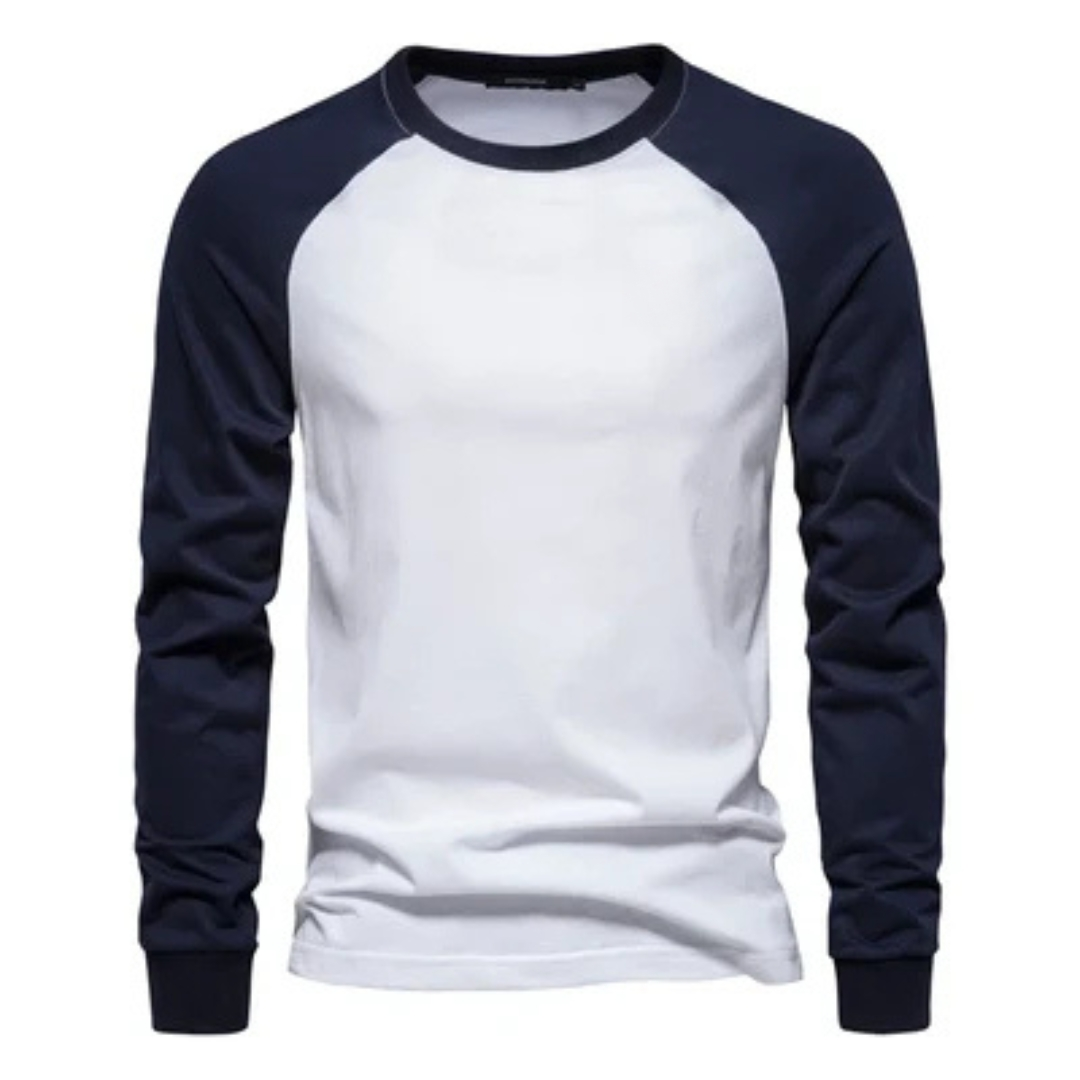 T-shirt raglan à manches longues pour hommes - manches contrastées, col ras du cou, coupe ajustée, logo poitrine