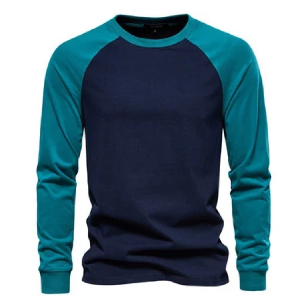 T-shirt raglan à manches longues pour hommes - manches contrastées, col ras du cou, coupe ajustée, logo poitrine