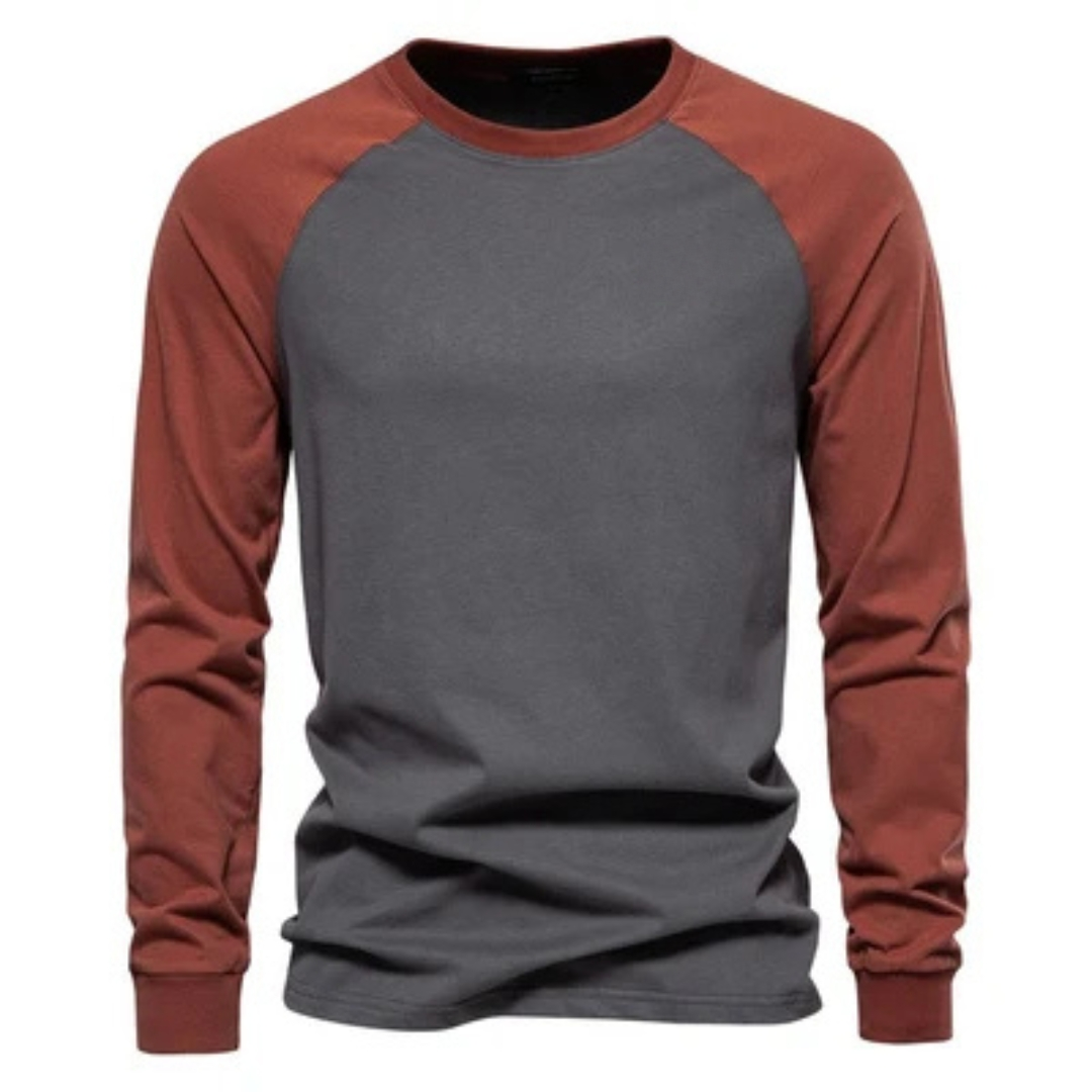 T-shirt raglan à manches longues pour hommes - manches contrastées, col ras du cou, coupe ajustée, logo poitrine
