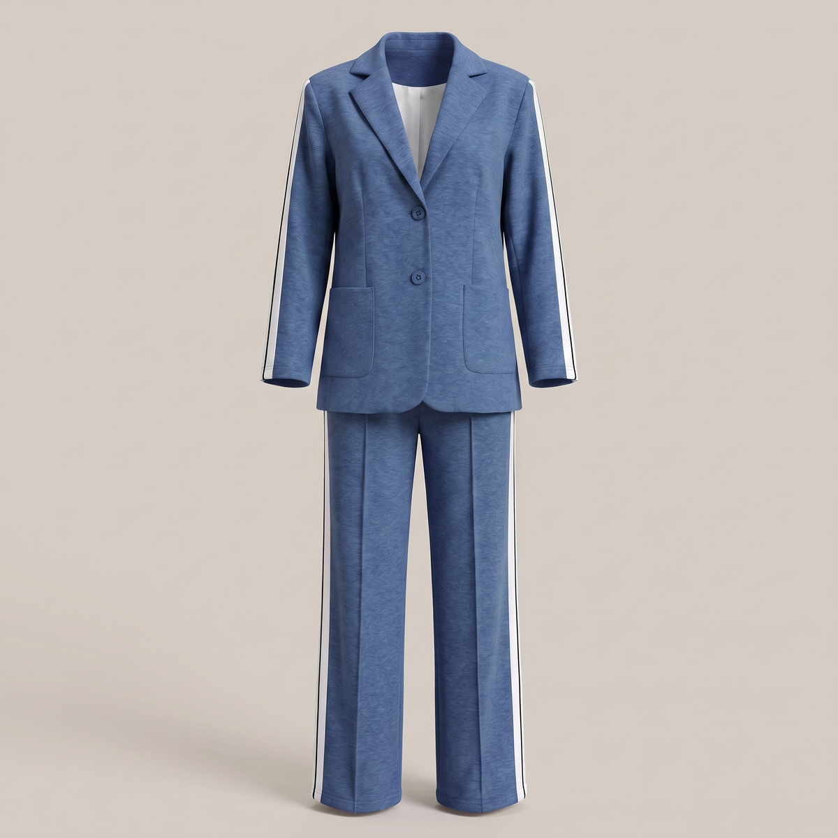 Tailleur femme deux pièces blazer et pantalon large à rayures latérales