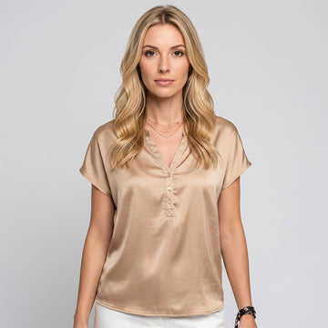 Top court femme à manches courtes V-neck avec boutons