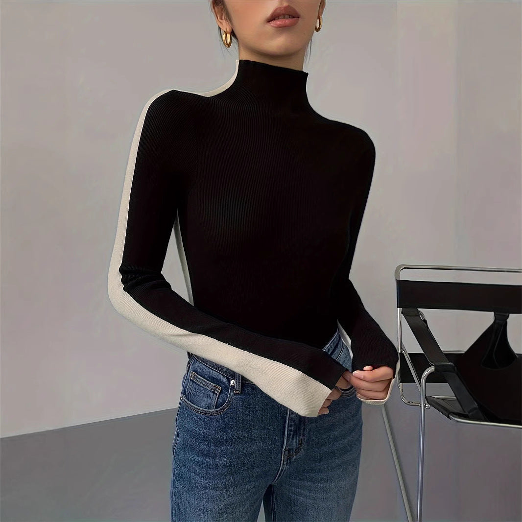 Top femme à manches longues col montant et design color block