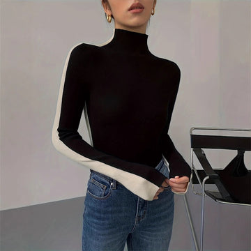 Top femme à manches longues col montant et design color block