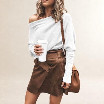 Top femme à épaules dénudées et col bateau large - manches longues, coupe décontractée