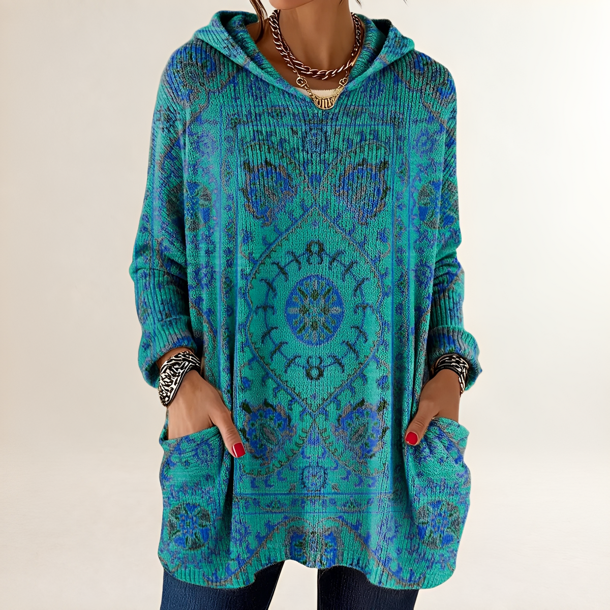 Vêtement femme Hoodie tunique à poches et imprimé ethnique rétro - coupe décontractée