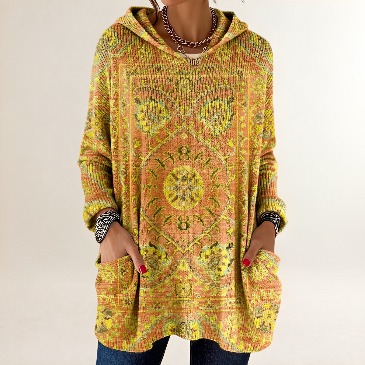 Vêtement femme Hoodie tunique à poches et imprimé ethnique rétro - coupe décontractée