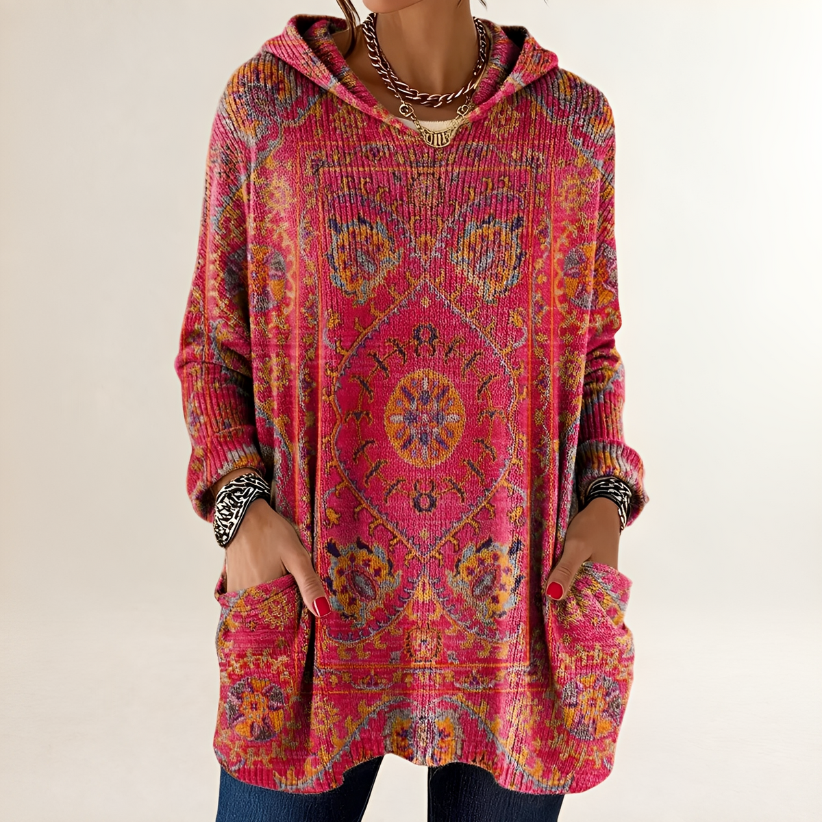 Vêtement femme Hoodie tunique à poches et imprimé ethnique rétro - coupe décontractée