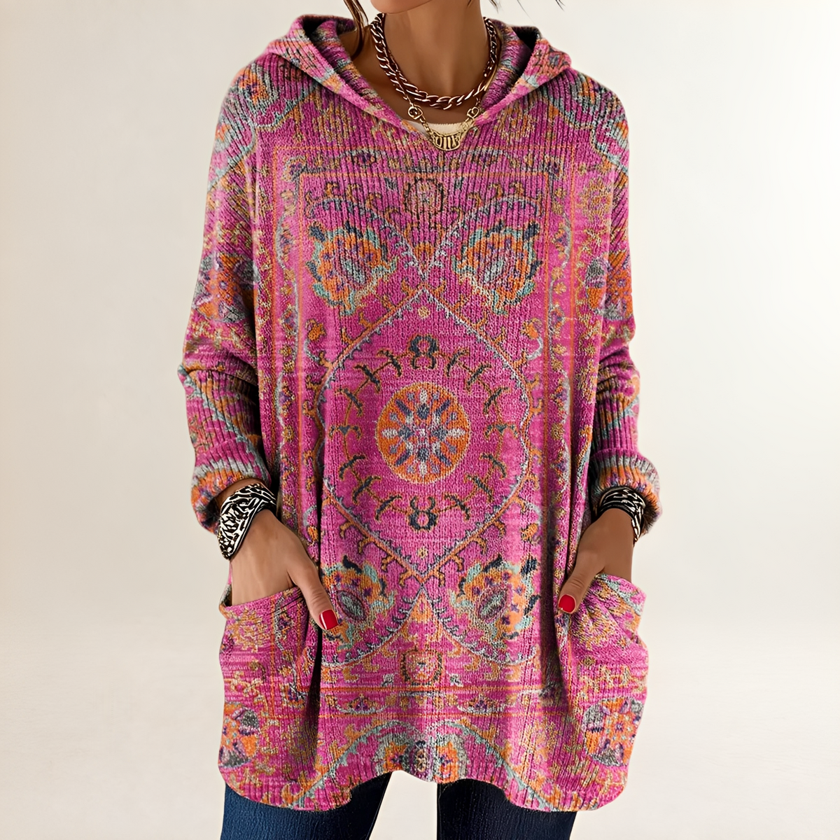 Vêtement femme Hoodie tunique à poches et imprimé ethnique rétro - coupe décontractée