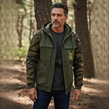 Vêtement pour homme Manteau zippé à capuche avec poches utilitaires et design camouflage sur les manches