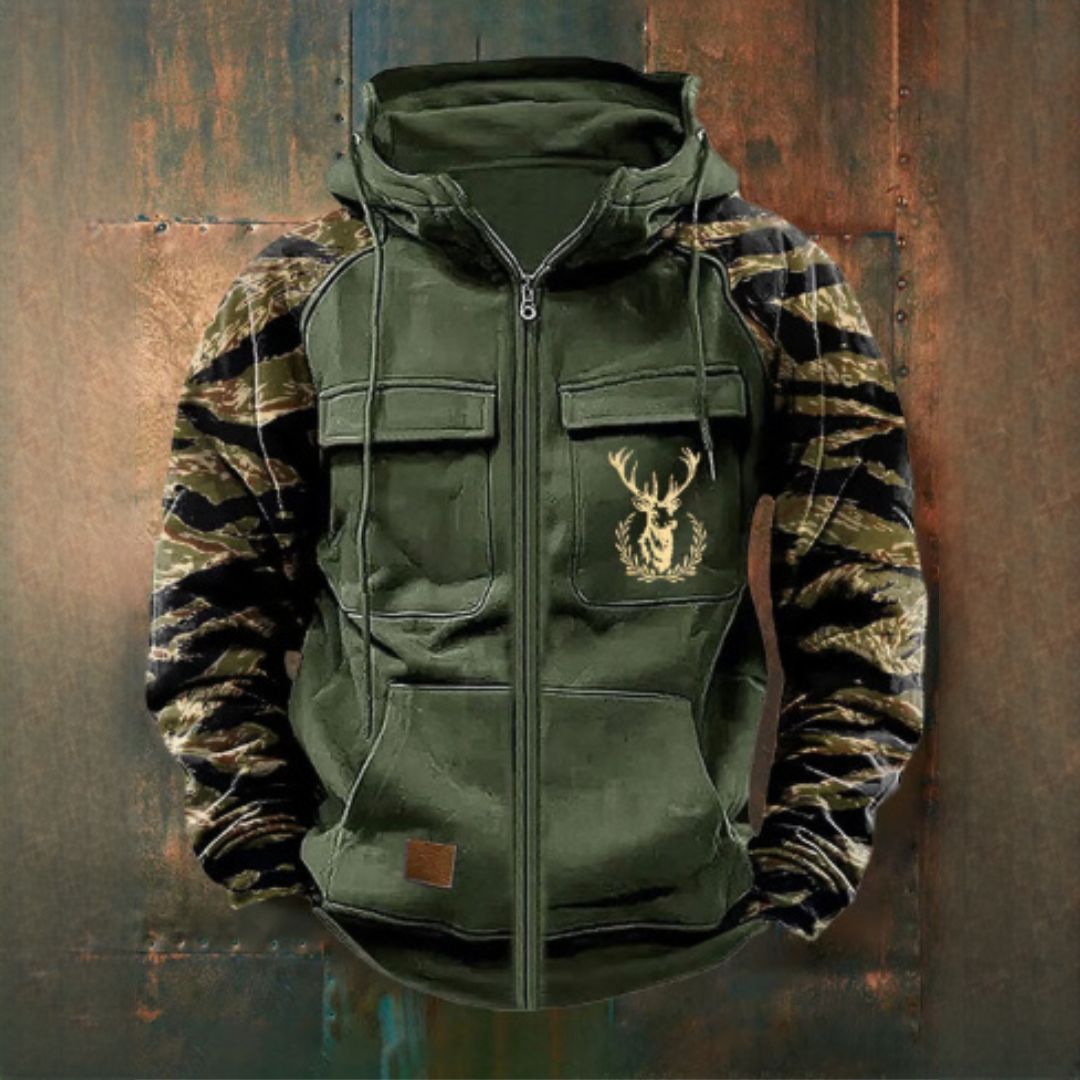 Vêtement pour homme Manteau zippé à capuche avec poches utilitaires et design camouflage sur les manches
