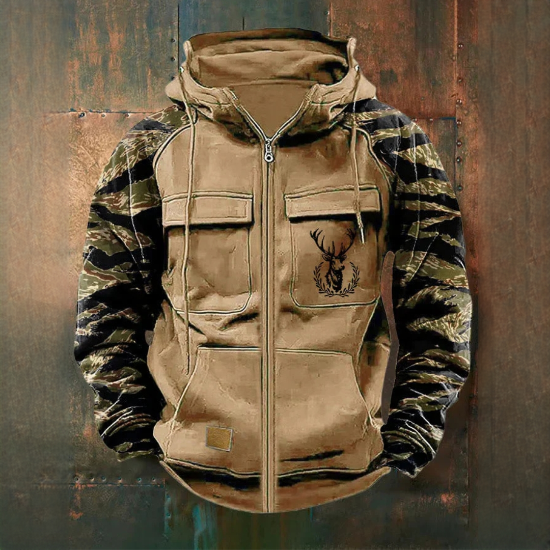 Vêtement pour homme Manteau zippé à capuche avec poches utilitaires et design camouflage sur les manches