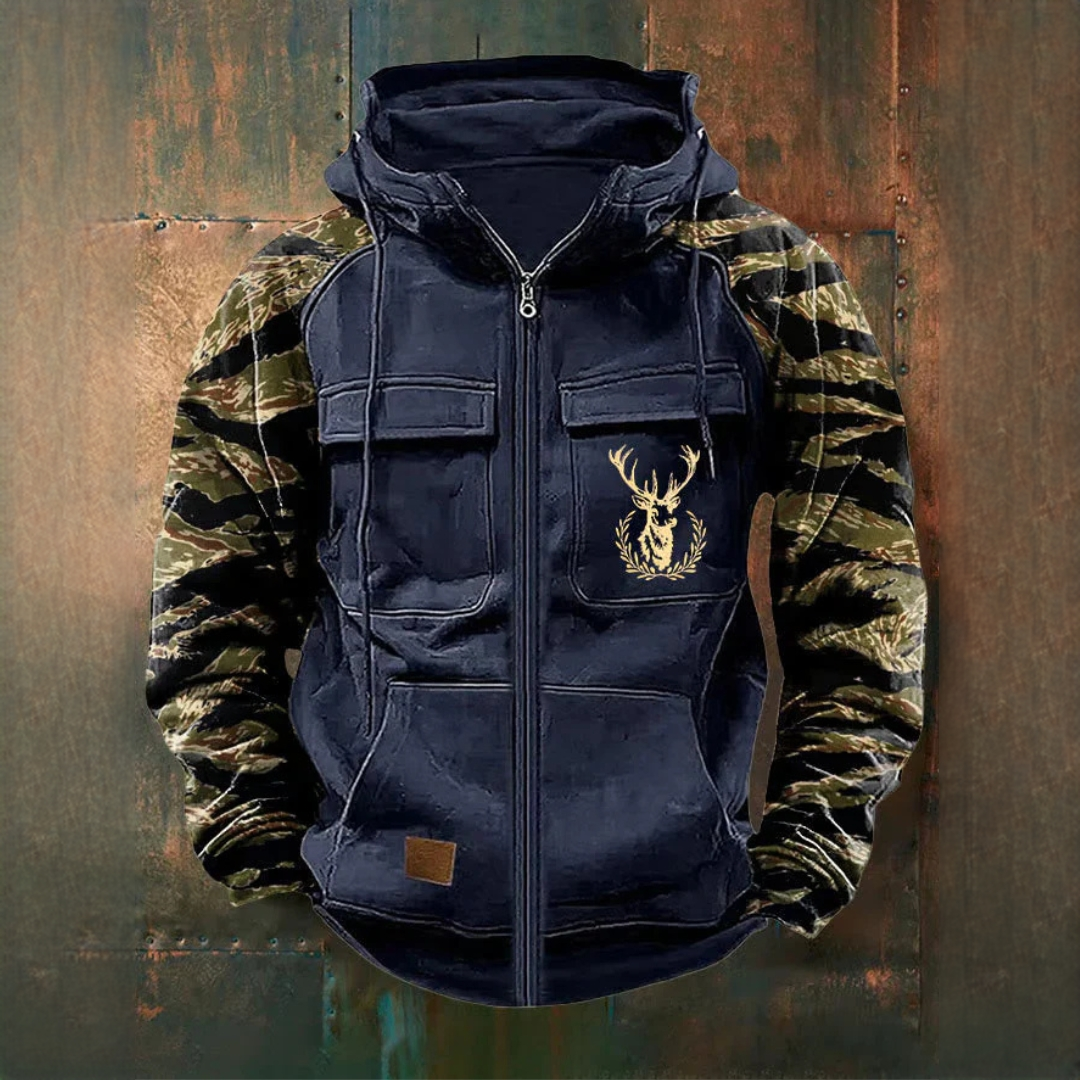 Vêtement pour homme Manteau zippé à capuche avec poches utilitaires et design camouflage sur les manches