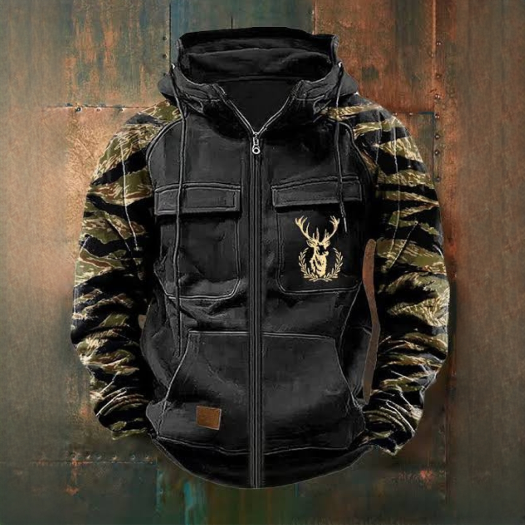 Vêtement pour homme Manteau zippé à capuche avec poches utilitaires et design camouflage sur les manches