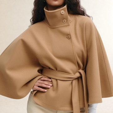 Vêtements femme Cape coat col droit fermeture boutons taille ceinture hip-length manches évasées