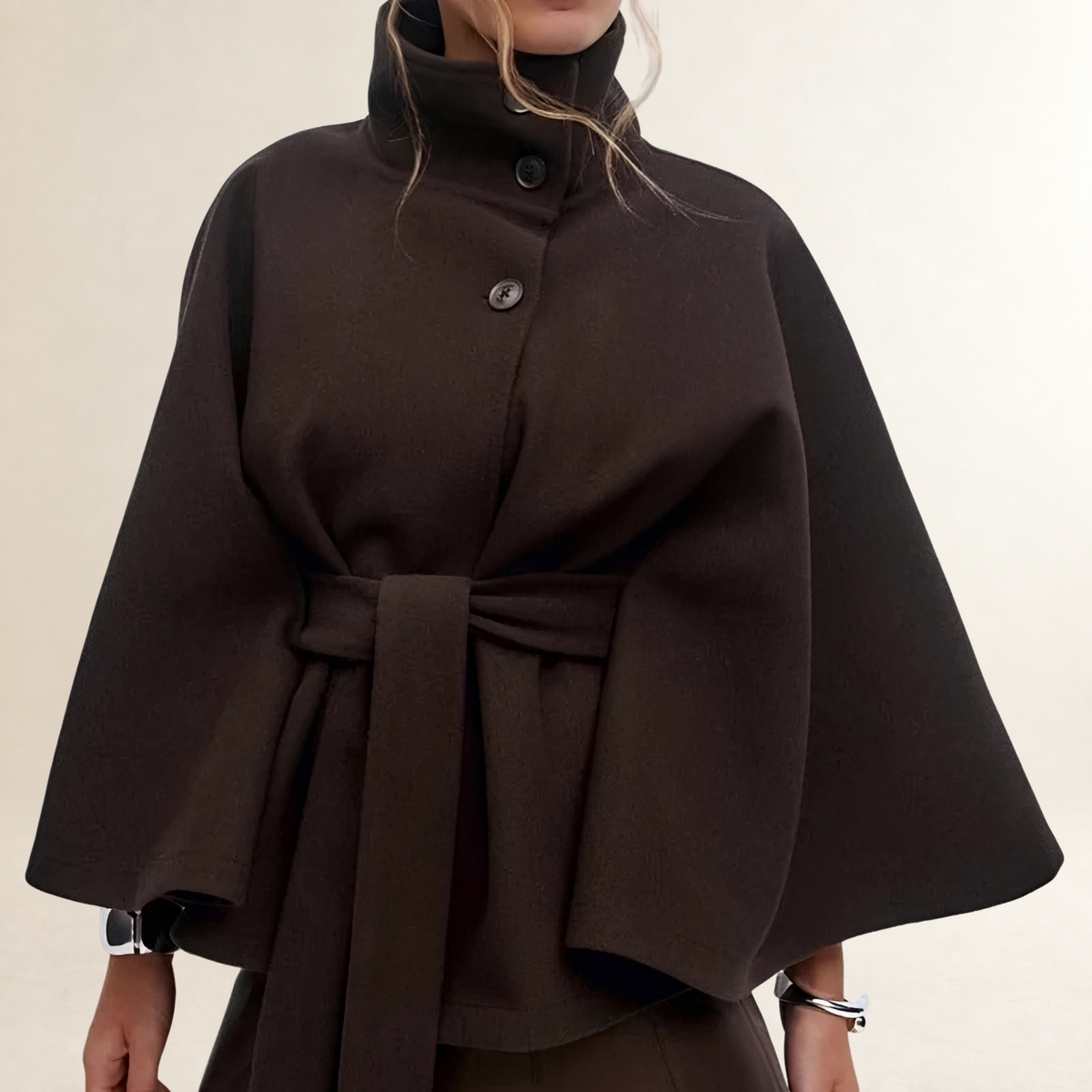 Vêtements femme Cape coat col droit fermeture boutons taille ceinture hip-length manches évasées